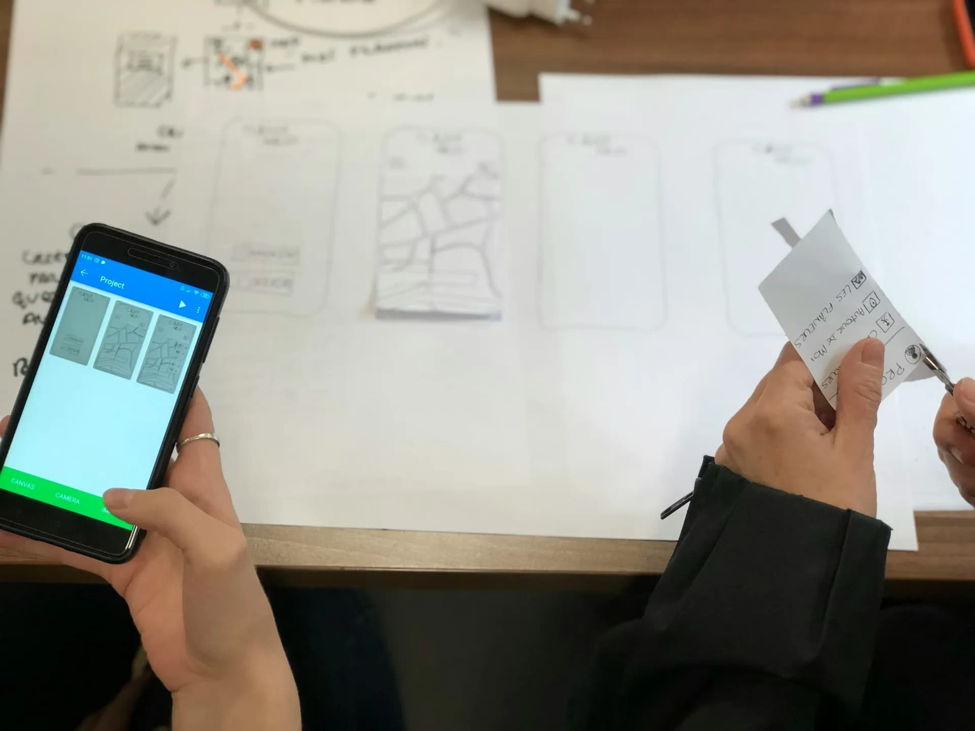People working with a mobile phone at a desk